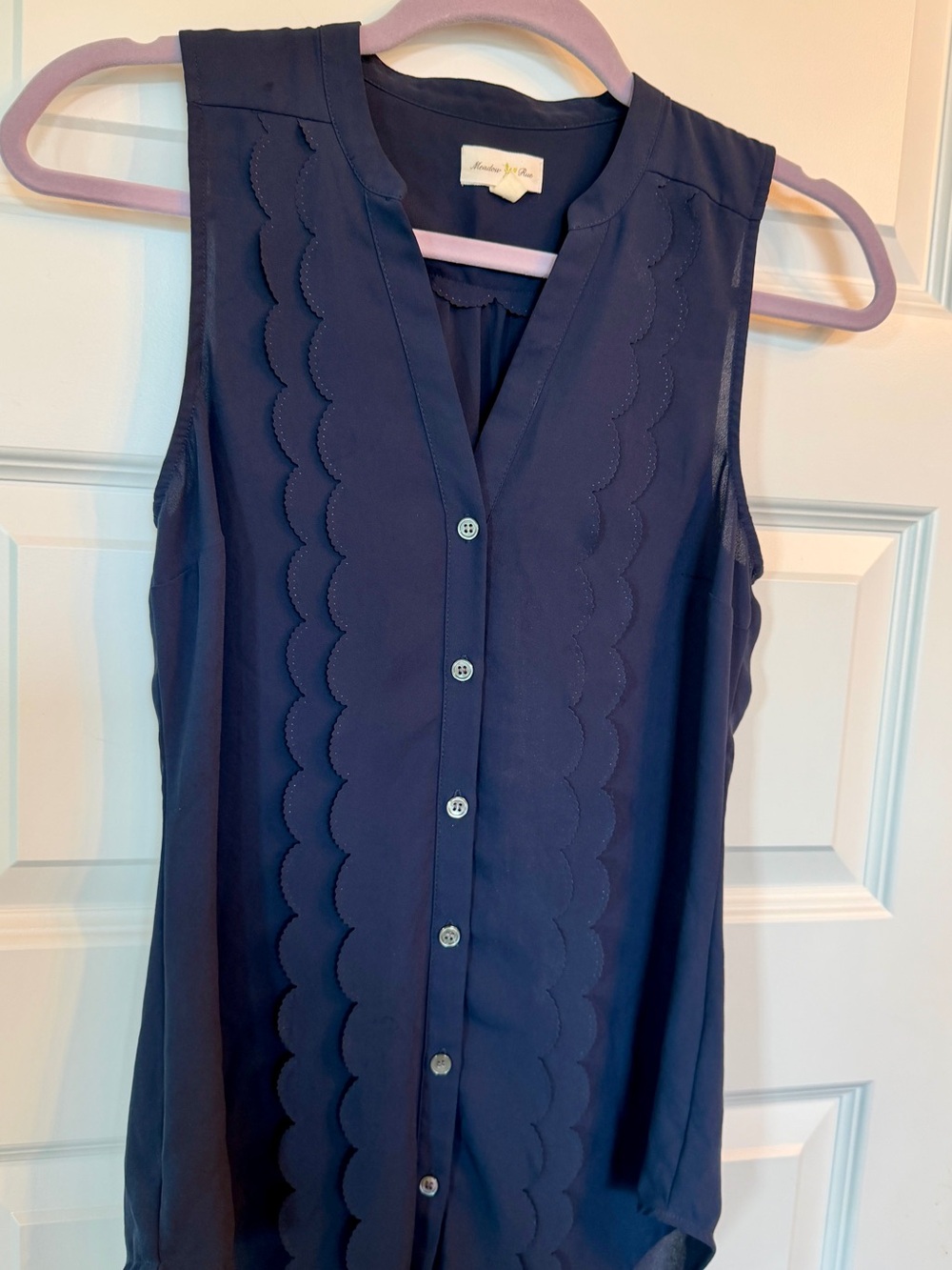 Anthropologie Meadow Rue Navy Blue Sleeveless Scallop-Trim Top